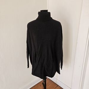 Garnet Hill Black Wool/Cashmere Turtleneck Sweater Kangaroo Pocket Womens M